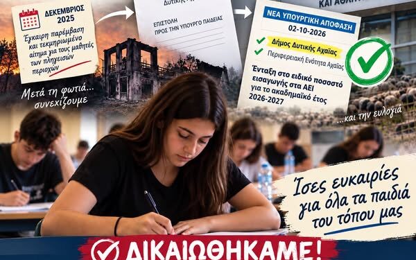 Δικαίωση για τους μαθητές της Δυτικής Αχαΐας – Έγινε δεκτό το αίτημα του Δήμου που είχε τεθεί τον Δεκέμβριο του 2025